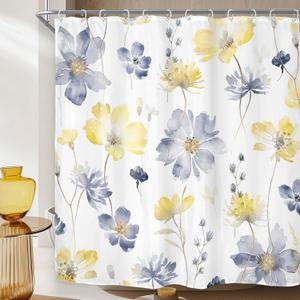 Riyidecor Yellow Floral Flower Shower Curtain for Bathroom Decor 72Wx72H Rustic Spring Wildflower Cute Boho Watercolor Plant Botanical Art Printed Fabric Polyester Waterproof 12 Pack Plastic
