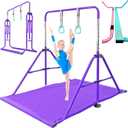 PreGymnastic Folding Gymnastics Bar with Rings, Foldable Kip Bar with Sturdier Base, Training Bar for Kids Ages 3-10, Horizontal Bar, Home Gym Equipment for Boy Girl (Violet-Mat)