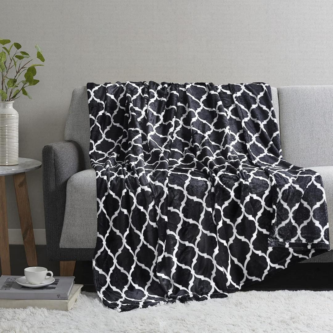 Madison Park Ogee Lightweight Throw Blanket Premium Microlight Design Spread, Oversize, Ultra Soft, Cozy Living Room Couch, Sofa, Bed, 60"x70" Black Plush Throw