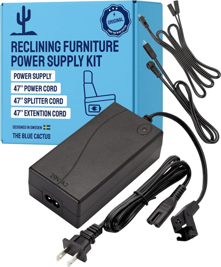 The Blue Cactus Company Reclining Furniture Power Supply Kit - 2-Pin Furniture Connector, Power Supply, 47" Extension, Splitter & Power Cord - Replacement Kit for Recliner Chair Outlet