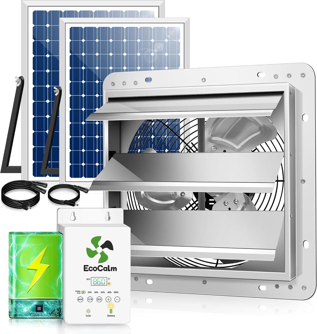 12" Solar Exhaust Fan for Greenhouse with Battery and Adjustable Thermostat, Attic Fans for Garage and Shed with 2PCS 30W Bifacial Solar Panels
