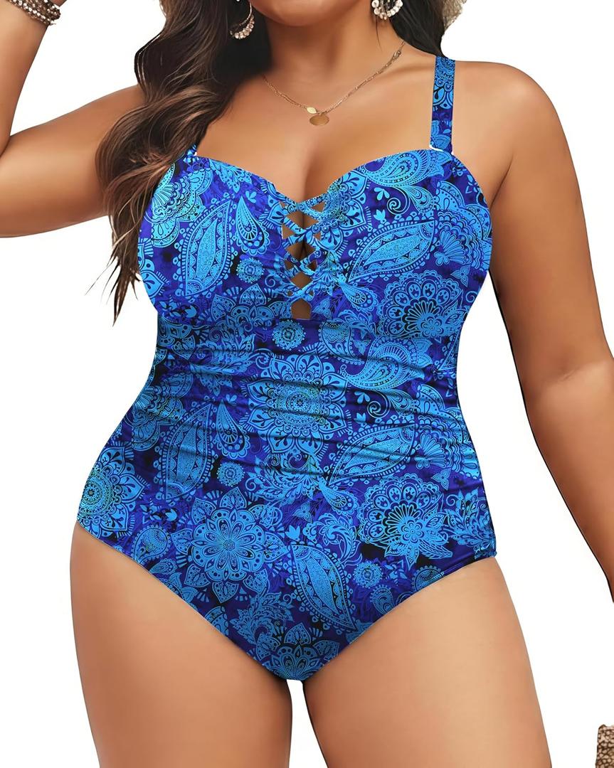 Daci Women Plus Size One Piece Swimsuit - Tummy Control Bathing Suits Ruched Lace up Swimwear Sexy Swimsuits 2025 (Blue Paisley, Size: 18 Plus )