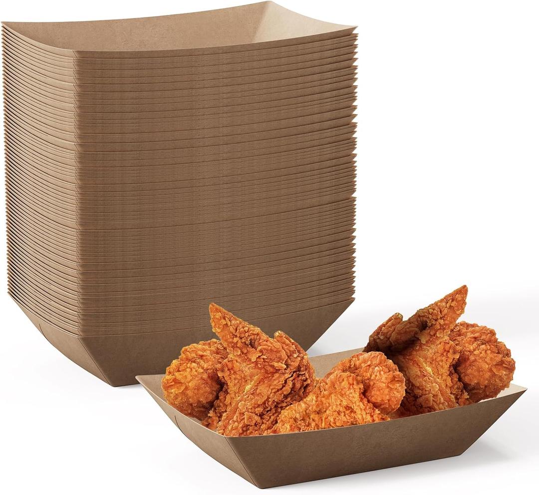JOLLY CHEF 2lb Paper Food Trays, 100 Pack Disposable Paper Boat, Serving Boats, Food Holder Trays for Snacks French Fries Nachos Hot Dog Tacos BBQ Party