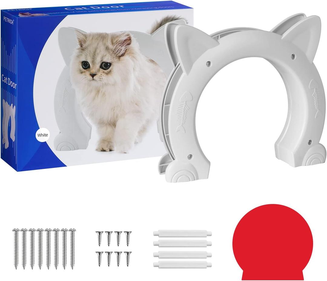 Cat Door Interior Door for Kitties, Pet Door for Hollow Door, Kitty Door, Indoor, Secured Installation in Minutes, No-Flap, White
