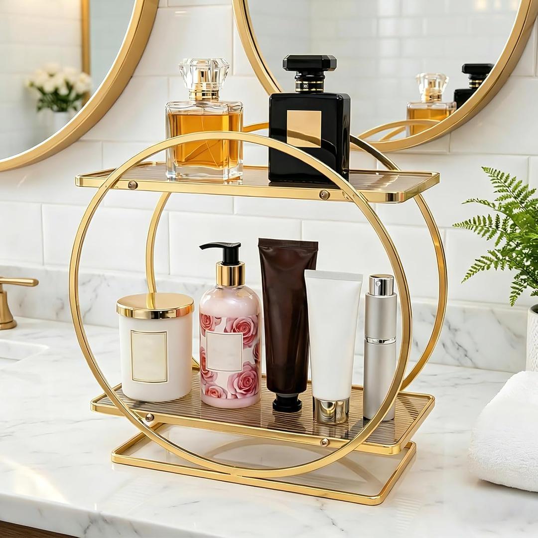 BO2703 2 Tier Bathroom Organizer, Perfume Organizer for Dresser, Gold