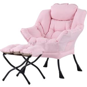 Welnow Lazy Chair with Ottoman, Modern Reading Lounge Accent Chair with Armrests and a Side Pocket, Leisure Upholstered Lazy Sofa Set with Footrest for Small Space (Pink)