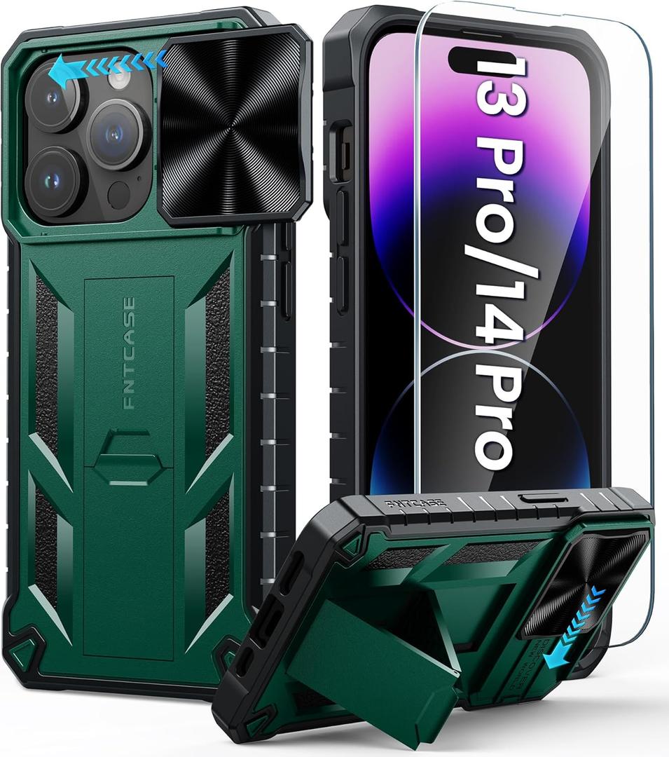 FNTCASE for iPhone 14-Pro Phone Case: Military Grade Drop Proof 13 Pro & 14 Pro Cases Mobile Cover with Kickstand & Slide | Rugged Shockproof Protective Cell Phonecase for Apple 14pro/13pro 6.1'' (Green)