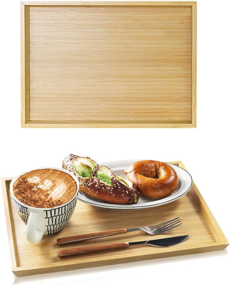 2pcs Rectangular Bamboo Serving Tray for Eating Drinks Storage Snacks TV Breakfast Coffee Parties Bathroom(13.8"x 10.2"x 0.8")
