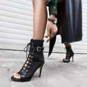 UTIKLIOU Womens Mesh Sandals Peep Toe High Top Sandals Lace Up Summer Boots Buckle Strap Dance Party Sexy Pump Shoes Open toe (Black Size 6.5)