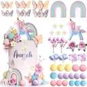 Unicorn Cake Topper Rainbow Unicorn Flower Cake Decorations with Pearl Balls Butterflies Cake Toppers for Girls Kids Women Birthday Party Groovy Boho Rainbow Unicorn Party Supplies
