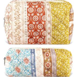 URSKYTOUS 2Pcs Floral Makeup Bag for Women Cotton Quilted Coquette Cosmetic Bag Cute Zipper Mixed Flower Makeup Pouch Aesthetic Portable Pencil Pouch Travel Toiletry Bag Trendy Cloth Skincare Bag