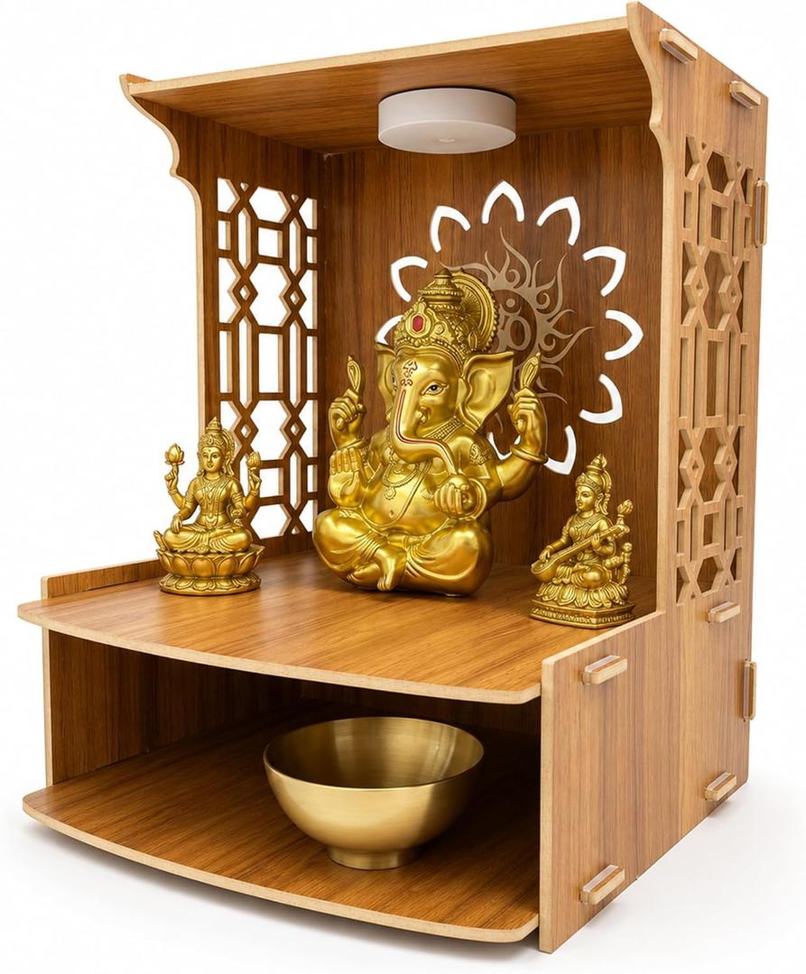Wooden Pooja Mandir for Home with Doors - Temple Cabinet with LED Light and Storage Shelf for Hindu Worship, Living Room, Bedroom, Office