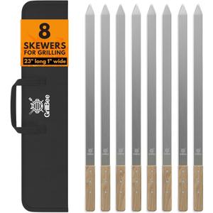 Premium Kabob Skewers 23 inch Long and 1 inch Wide Stainless Steel Flat Reusable Metal Skewers for Grilling BBQ - Making Brazilian Koobideh Chicken Kebab, 8pc Set with Bag
