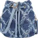 Women Denim Mini Bucket Shoulder Crossbody Bag Drawstring Quilted Distressed Tassel Barrel Shape Satchel Purse