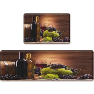 Anti-Fatigue Wine Kitchen Rug Set of 2 Cushioned Grape Kitchen Mats for Floor, Retro Standing Mat Waterproof Non-Slip Kitchen Mats and Rugs PVC Ergonomic Comfort Foam Decor for Kitchen