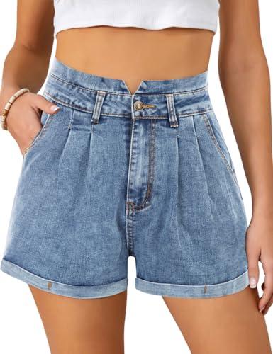 Women's Vintage Denim Shorts High Rise Stretchy Folded Hem Short Jeans with Pockets Dark Blue M