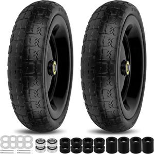 13 Inch Flat Free Wheels Tires 4.00-6 Solid Replacement with Universal 5/8" Axle Bore Hole, 8 Spacers and 4 Pins, for Wheelbarrow, Garden Wagon, Hand Truck, Trolley, Lawn Mower, 2 Pack (Black)
