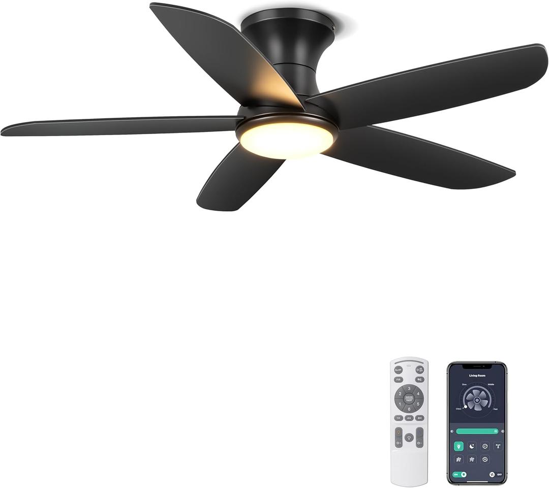 Ohniyou Ceiling Fan with Lights, 46" Flush Mount Ceiling Fans Remote/APP Control - Dimmable, Quiet DC Motor, Indoor Ceiling Fans for Bedroom Kitchen, Black