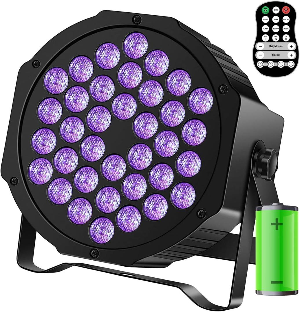 U`King 72W Rechargeable Black Lights for Glow Party Battery Powered with Remote Control DMX 36LED UV Uplights Stage Lighting for Blacklight Tapestry Church Birthday Party DJ Bar Christmas Halloween (1 Pack)