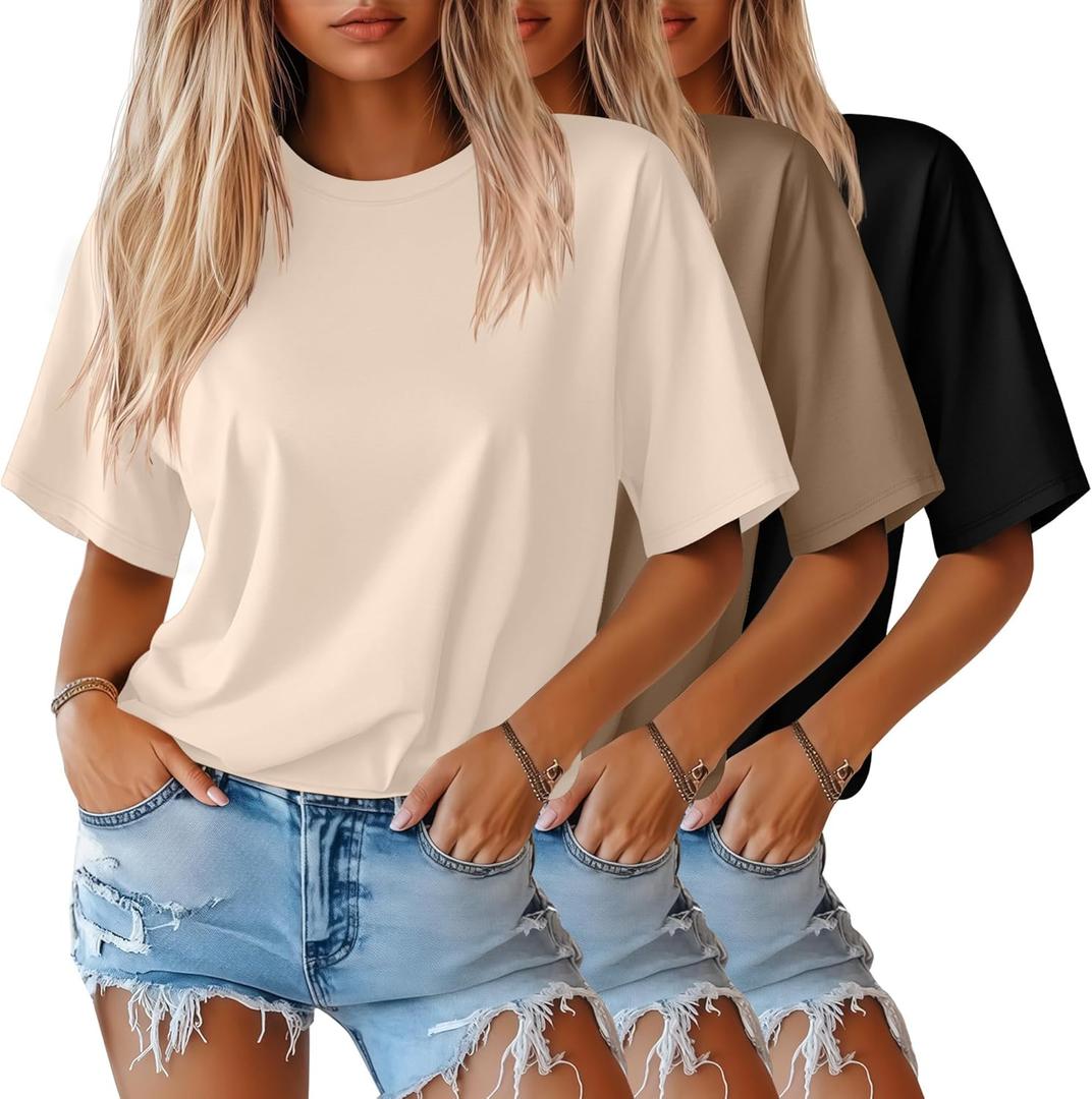 Huukeay 3 Pack Women's Half Sleeve T-Shirts, Crew Neck Elbow Length Tops Loose Casual Basic Tees Summer Cotton Tunic Tops (Large, Black, Cream, Khaki) Huukeay 3 Pack Women's Half Sleeve T-Shirts, Crew Neck Elbow Length Tops Loose Casual Basic Tees Summer Cotton Tunic Tops (Large, Black, Cream, Khaki)