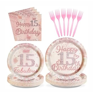 96 Pcs 15th Birthday Party Supplies 350 GSM Disposable Rose Gold 15 Year Old Birthday Plates Napkins Forks Tableware Set 15th Birthday Decorations for Girls Happy 15th Birthday Fabulous Party Serve 24