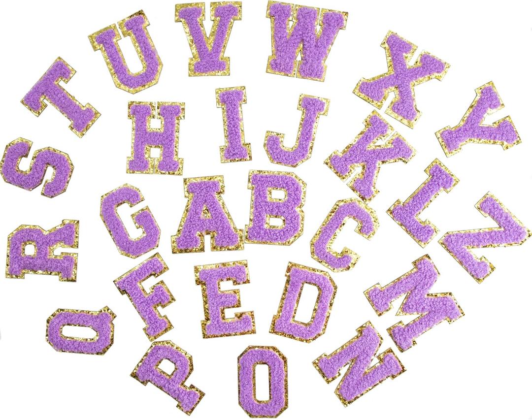 26 Self Adhesive Chenille Letter Patches, 2.16'' Stick On A to Z Patch Stickers for Fabric, Clothes, Jeans, Hat, Thick Embroidery Strong Sticking for Personalizing Travel Makeup Bag, Bible Cover-Purple