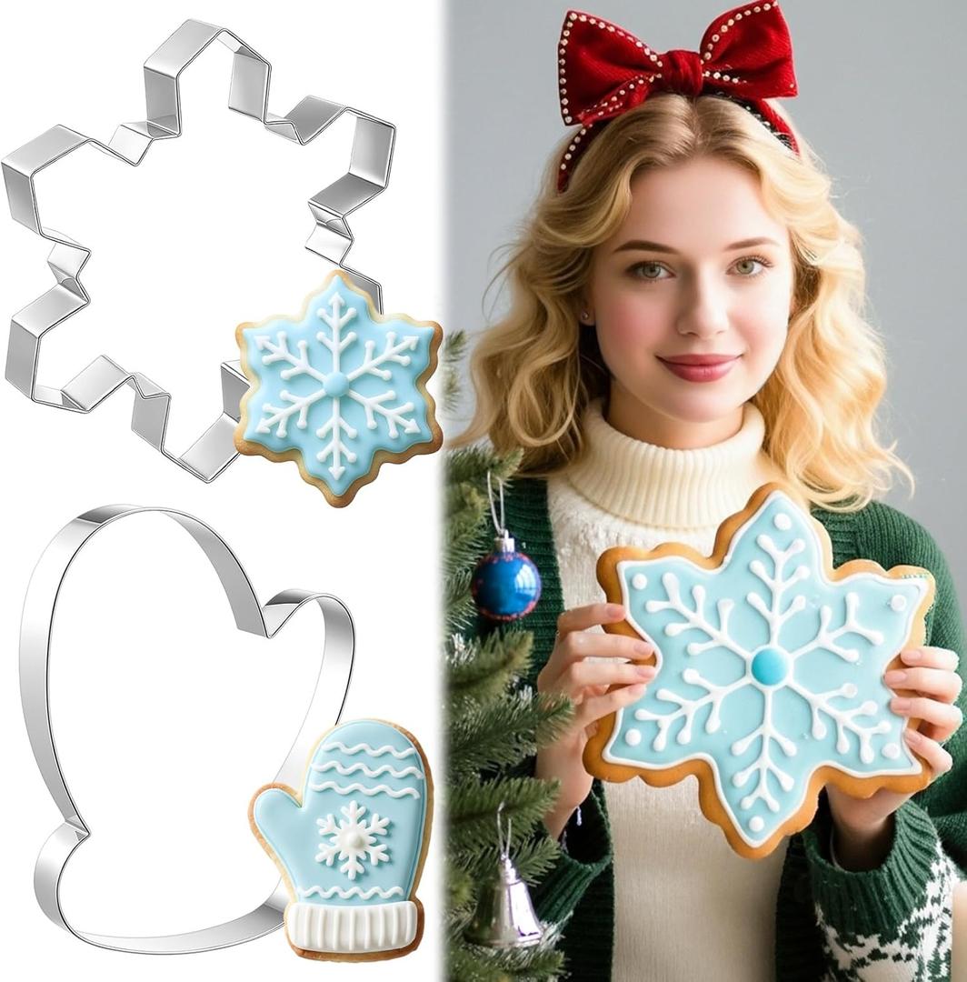 Teenyyou 2 Pcs Extra Large Christmas Cookie Cutters 8" Giant Snowflake and Glove Stainless Steel Cookie Cutters for Winter Holiday Baking (7.48'' X 6.3'', 7.09'' X 7.09'')