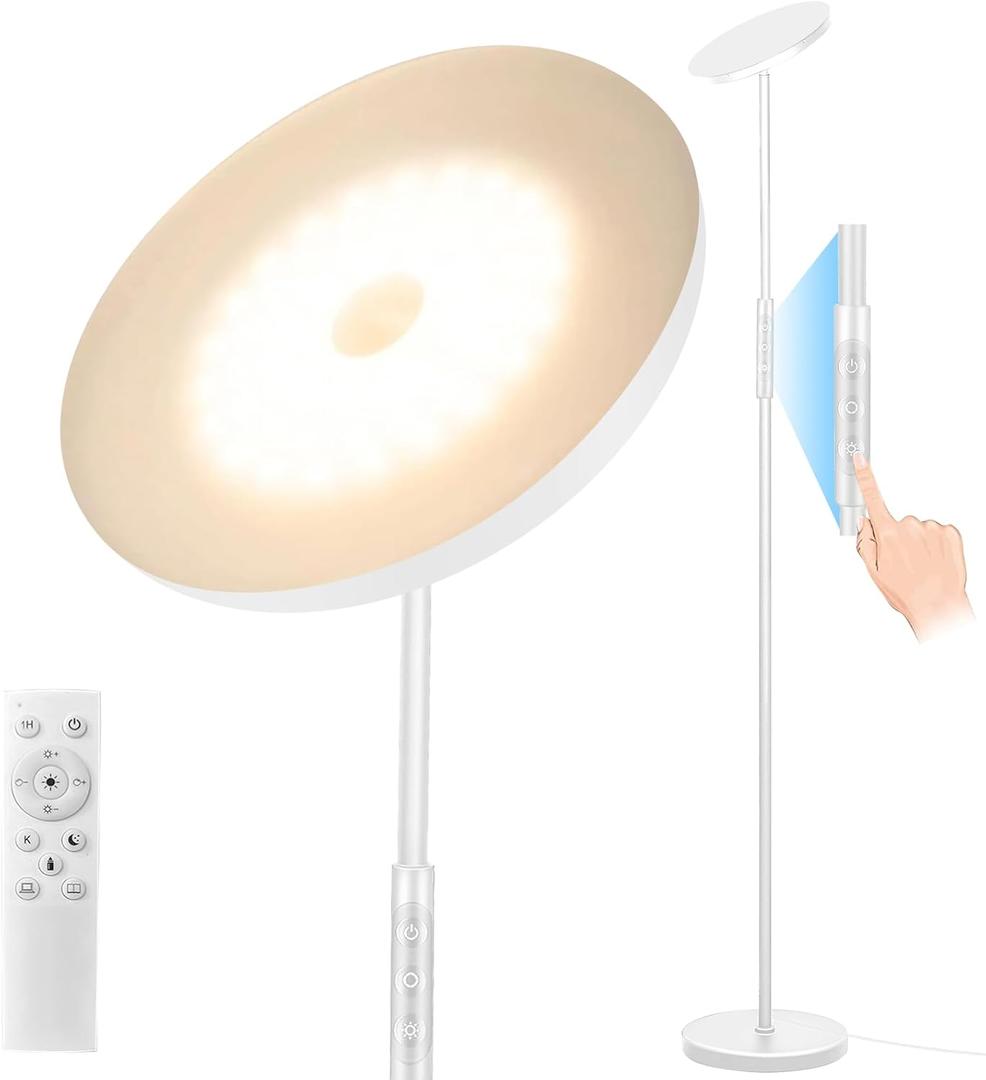 White Floor Lamp, 40W Super Bright Floor Lamps for Living Room Bedroom with Remote & Timer, Torchiere LED Floor Lamp 2700K-6500K Stepless Dimmable, Tall Standing Light Works with Smart Plug