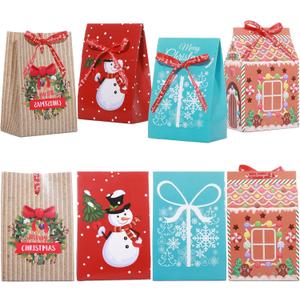 Sawysine 24 PCS Christmas Gift Bags Christmas Treat Boxes Christmas Paper Bags for Candy Assorted Colors and Designs Xmas Theme Boxes Kids Gift Wrapping Boxes Bags Christmas Supplies (Cute Style)