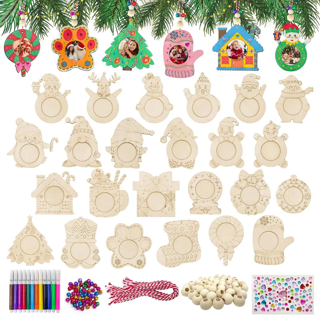 CORALMEE 24Pcs Christmas Pictures Frame Ornament, Unfinished Wood Picture Frame Ornaments with Pens and BeadsDIY Hanging Christmas Photo Frame Ornament Decor for Holiday Presents Xmas Tree Decor