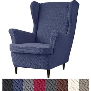 HFCNMY Wingback Chair Slipcover, 2 Piece Thick Stretch Jacquard Wing Chair Covers with Arms, Elastic Bottom - Gray (Blue)