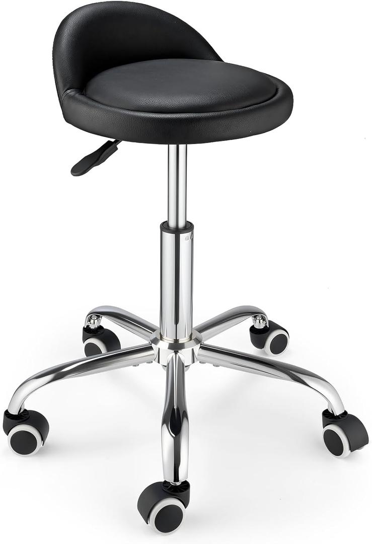 1 Piece Swivel Rolling Stool with Wheels Height Adjustable Stool Chair Drafting Chair with Backrest Stable Base Foot Black