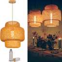 Bamboo Pendant Lights, Boho Wicker Rattan Chandelier, Natural Hanging Lamp for Living Room, Bedroom, Kitchen Island, Farmhouse, Basket Hanging Light Fixtures (Ceiling - Lantern Plus)
