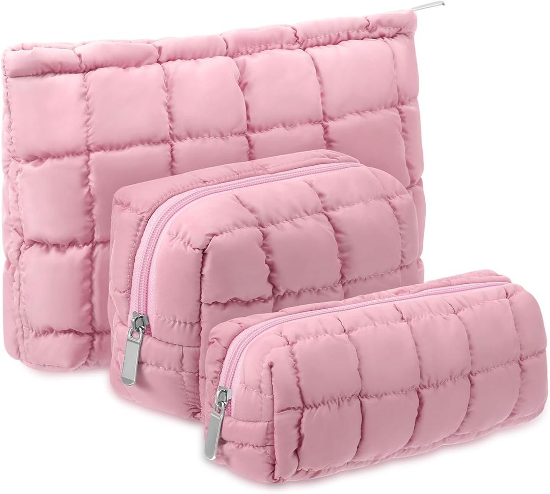 3 Pcs Puffy Makeup Bag Quilted Cosmetic Pouch for Women Cute Checkered Travel Toiletry Bag Puffer Makeup Organizer Purse Pouch Preppy Pencil Case with Zipper (Pink)