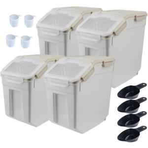 Large Flour Storage Container Bin 25lb, 4Pack Airtight Rice Storage Containers with Wheels Seal Locking Lid, BPA Free with Measuring Cup&Scoop for Flour, Rice, Grain(Gray)
