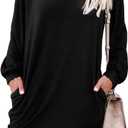 PrinStory Women's Long Sleeves Dresses Causal Loose Round-Neck Tuinc Tops Basic Dress with Side Pockets (Large, A01 Black)