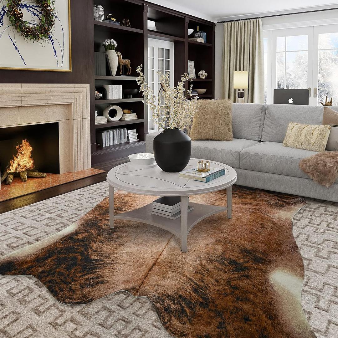 Easycozy Faux Cowhide Rug Large Cow Print Rug 8 x 10 Feet Thickened Elastic Cowhide Rug for Bedroom Living Room Home Office Western Decor, Orange (8*9.5ft, Brownish Yellow)