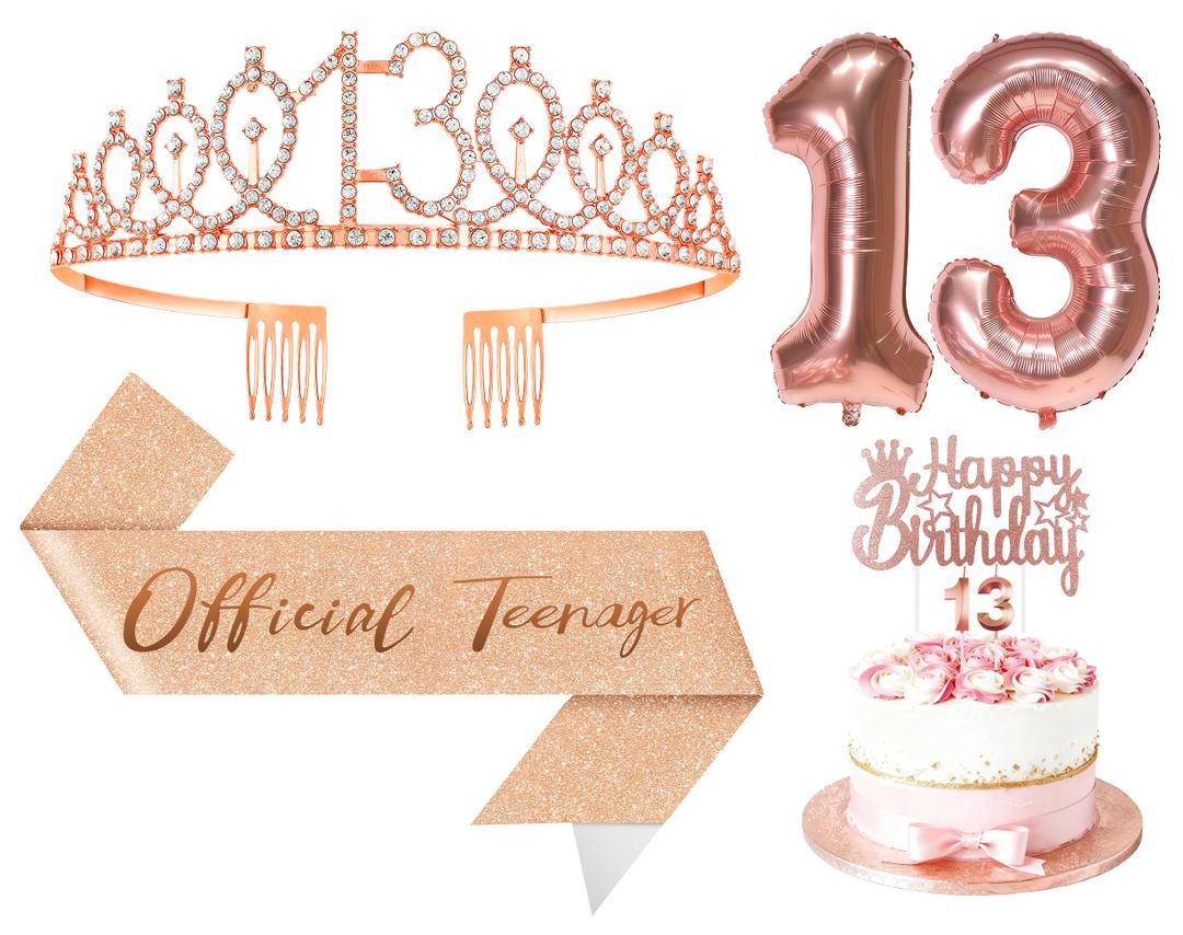 Papoopy 5Pcs Birthday Decorations with Crown Tiara, Sash, Cake Topper, Candle and Number Balloon for Gifts, 13th Birthday Gifts for Her