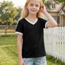 Poroka Girls Short Sleeve Shirt V-Neck Tee with Ribbed Trim Plain T-Shirts Soft Fashion Summer Tops for Girls, 7-14 Years (Black)
