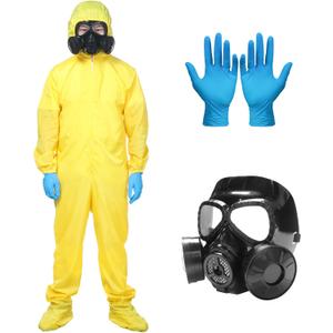 Halloween Yellow Hazmat Suit Cosplay Costume for Adult Men, Hazmat Jumpsuit Cosplay Costume Gas Mask Props Gloves (X-Large)