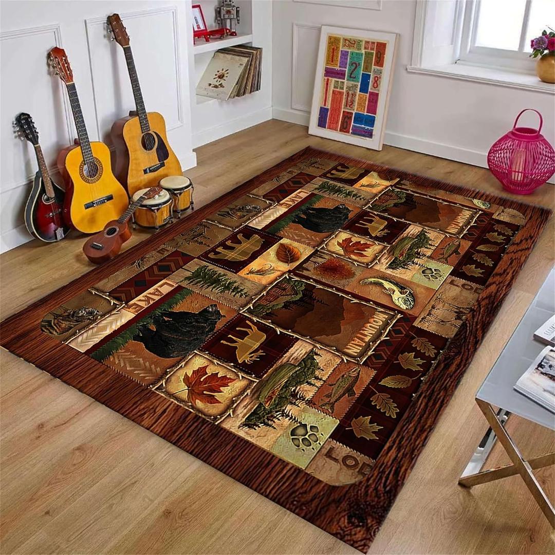 Cabin Collection Rug Vintage Southwestern Nature Landscape and Wild Animals Design Area Rugs Contemporary Geometric Stitching Carpets Bordered by Wooden Barn for Dining Room Laundry Bedsides, 4x6ft