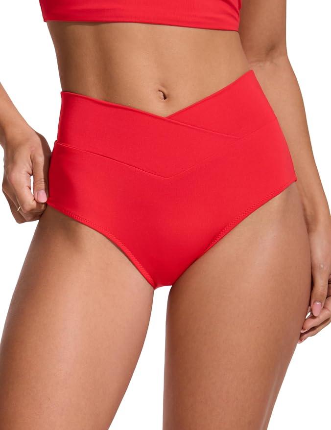CRZ YOGA V-Shaped High Waisted Bikini Bottoms Mid Cut Leg, Medium Bum Coverage, Cross Front, Swim, Bathing Suit Briefs for Women Size M