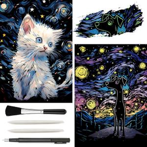 AP ARTSPER 2 Pack Night Glow Scratch Art Rainbow Painting Paper, Magic Glow-in-The-Dark Scraping, Van Gogh Style Creative Craft Set, Fun DIY Toy Sketch Card Scratchboard for Kids, Adults (Dog/Cat)