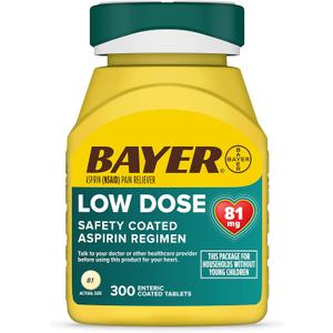 Bayer Aspirin Low Dose 81 mg, Enteric Coated Tablets, Doctor Recommended, Secondary Prevention of Cardiovascular Disease, 300 Safety Coated Tablets, EXP: 01/2027