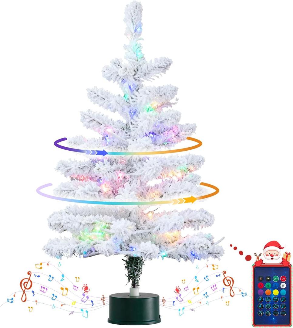 2FT Musical Rotating Snow Flocked Prelit Small Christmas Tree, White Tabletop Christmas Tree with 50 LED Lights, Battery or USB Cable Operated, Timer, Xmas Tree for Holiday Decoration