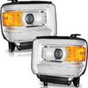 Headlights Assembly for 2014-2018 GMC Sierra 1500 Base / 2015-2019 GMC Sierra 2500HD / 2015-2019 GMC Sierra 3500HD Replacement Pair Set Chrome Housing NOT for factory LED models (Clear Lens I Chrome Housing I Amber Reflector)