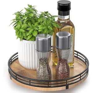 9" Oak Wood Lazy Susan Turntable Organizer for Cabinet, Round Wooden Farmhouse Lazy Susan Organization and Storage for Dining Table, Pantry, Kitchen, Countertop, Cupboard, Home Decor (Brown & Black)