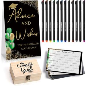 114 Pcs Graduation Party Favors 101 Advice Cards for The Graduate Advice Wishes with Wood Box and 12 Colors Pens Graduation Games Decoration for High School College Celebration Gift(Green)