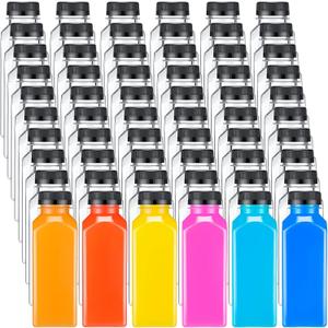 200 Pcs Plastic Juice Bottles with Caps Square Empty Clear Water Bottles Bulk Drinking Beverage Containers Reusable Empty Juicing Refillable PET Flasks with Lids for Drinks Smoothie(12oz,Black)