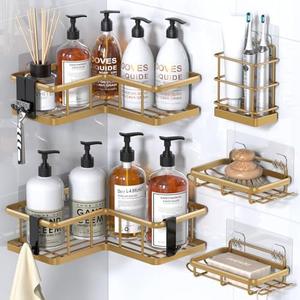YASONIC 5-Pack Corner Shower Caddy, Corner Shower Shelves with 12 Hooks, Rustproof Shower Shelf for Inside Shower, No Drilling Shower Corner Shelf, Bathroom Shower Organizer Corner, Gold